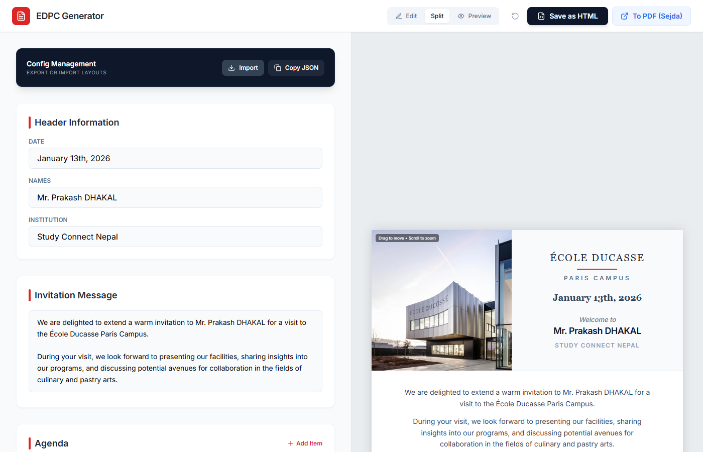 EDPC Campus Visit Invitation Generator — split-view editor with form fields on left and live A4 document preview on right