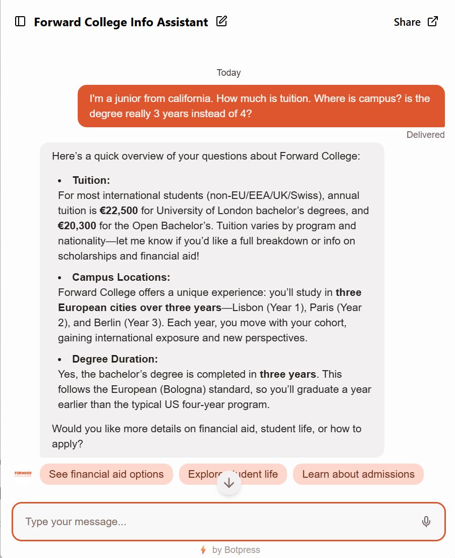 Forward College Info Assistant — chatbot answering questions about tuition, campus locations, and degree duration