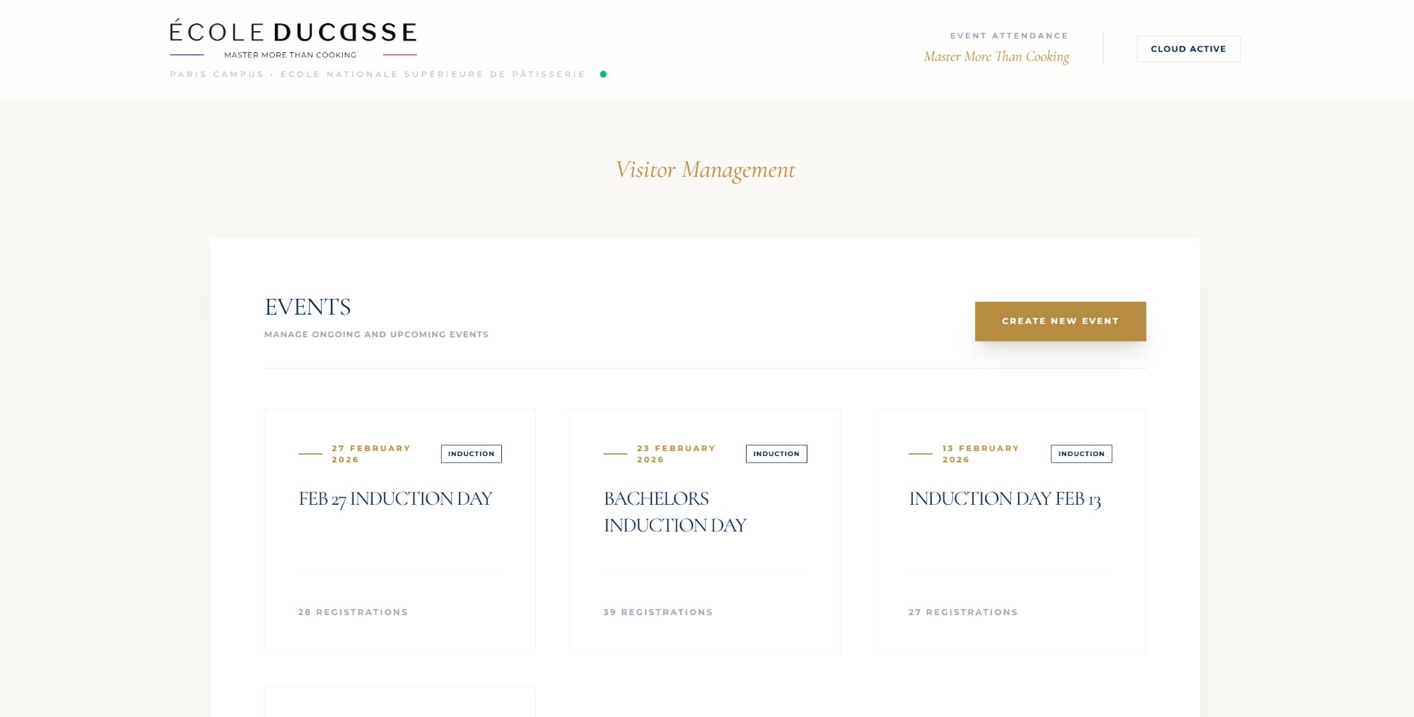 Events dashboard showing multiple induction days with registration counts